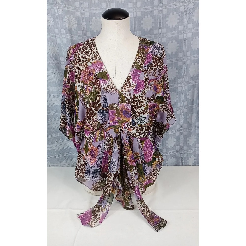 Vintage Eva Blue Blouse Purple Floral Animal Print Top Womens Large Colorful